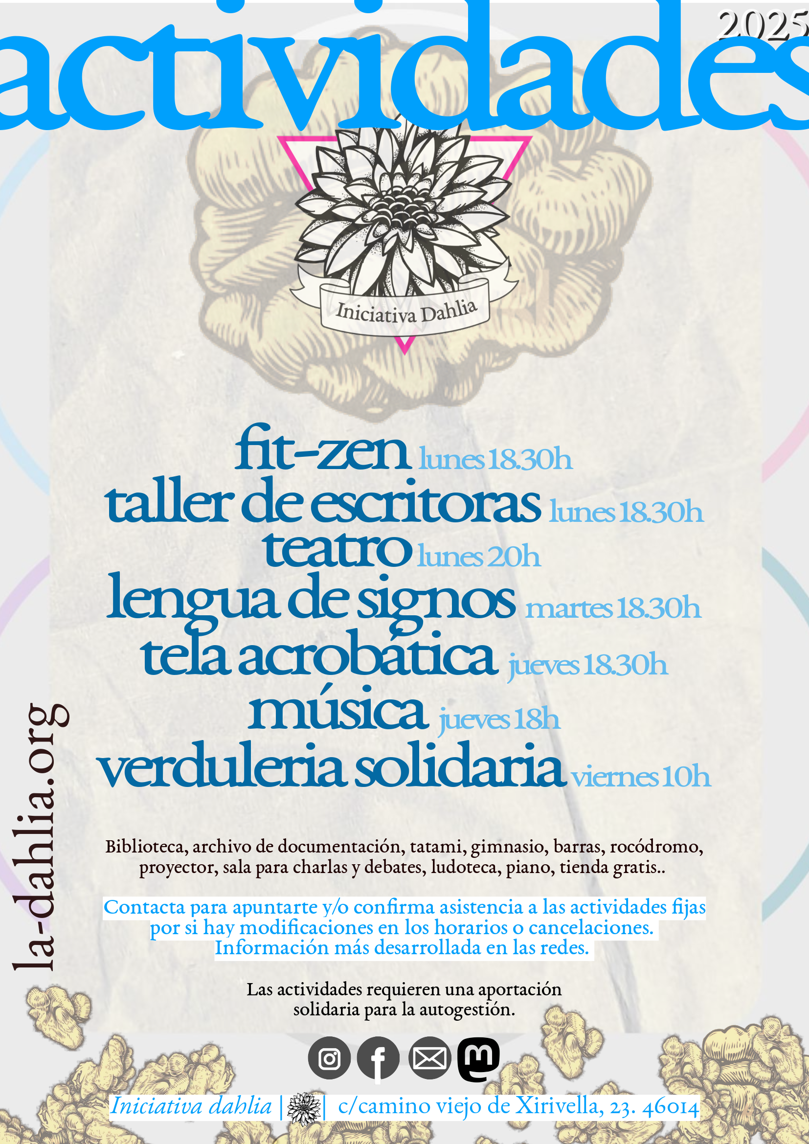 CArtel con las actividades de la dahlia para este otoño en letras azules sobre un fondo arrugado gris con algunos círculos de colores en los laterales y dibujos de nueces de fondo en transpariencia