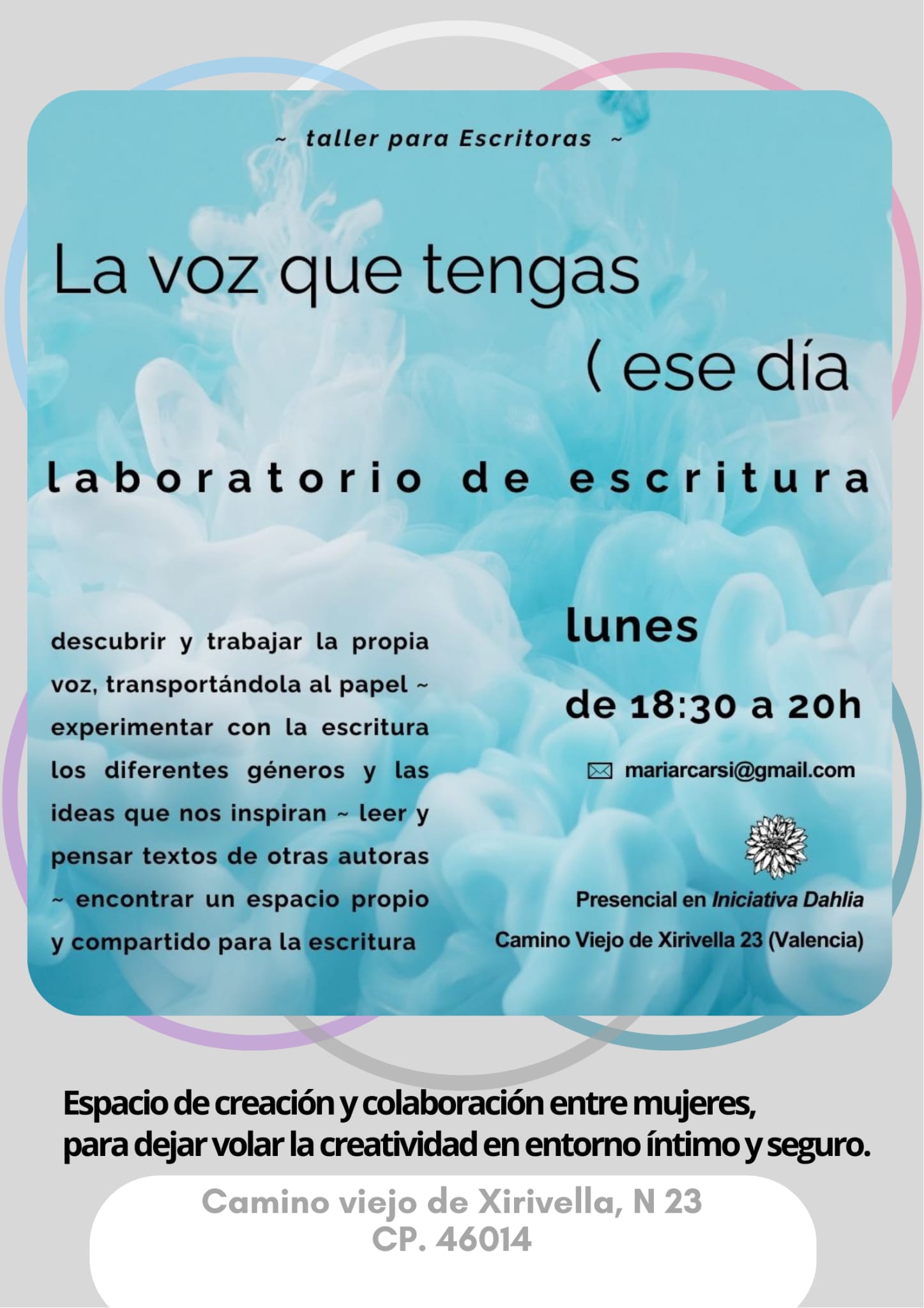 Taller para escritoras, recorte de fondo azul con volutas de algo parecido a humo blanco, sobre una hoja arrugada gris con circulos en el fondo de diferentes colores