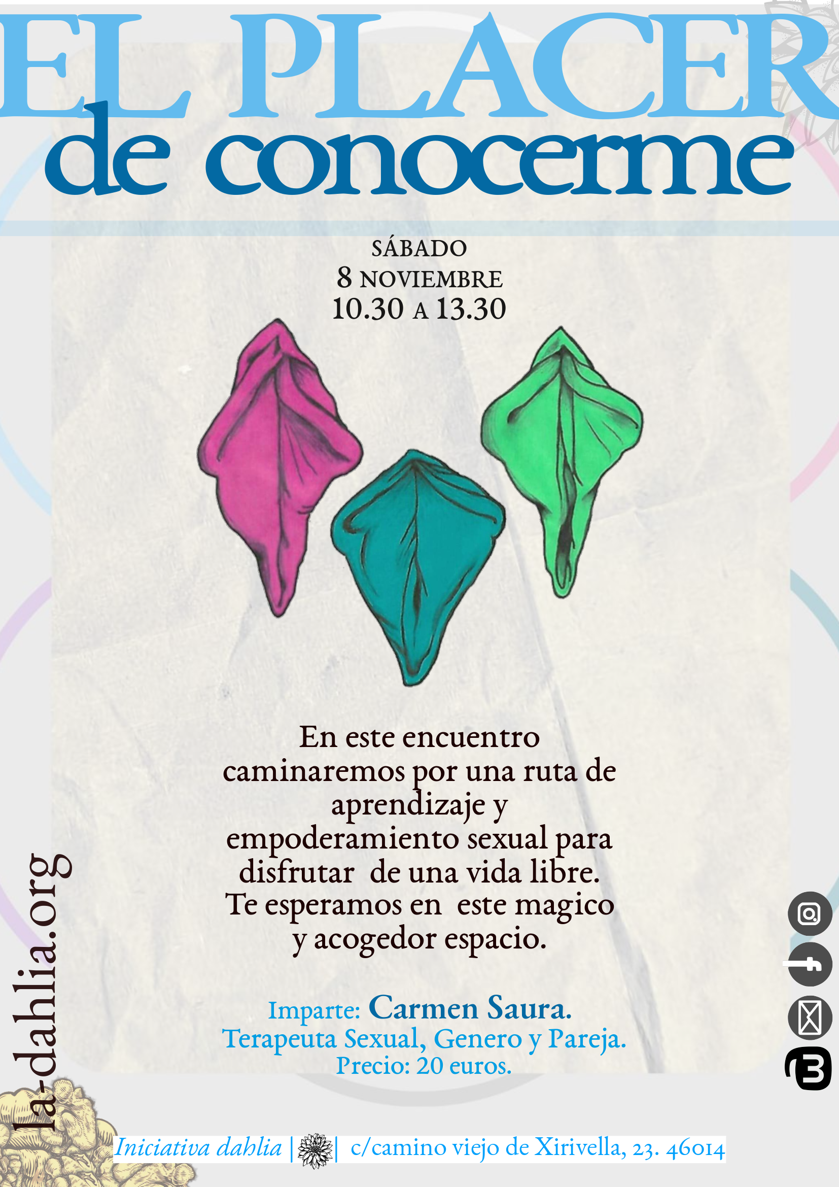 CArtel donde aparece la leyeda el placer de conocerme en letras azules sobre un fondo arrugado gris con algunos círculos de colores en los laterales y algunas nueces de fondo en la parte inferior izquierda. La imagen central son 3 dibujos lineales de vulvas coloreados en verde, turquesa aparentemente y rosa vivo en una formación de tres, con los de los lados más altos que el central