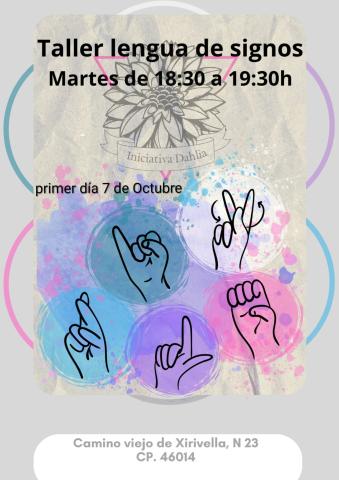 Manos signando sobre manchas de acuarelas de colores sobre un fondo arrugado gris con algunos círculos de colores en los laterales, con la info de la actividad del taller