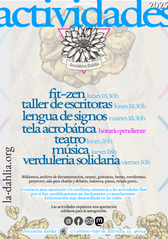 CArtel con las actividades de la dahlia para este otoño en letras azules sobre un fondo arrugado gris con algunos círculos de colores en los laterales y dibujos de nueces de fondo en transpariencia