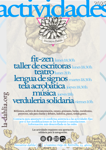 CArtel con las actividades de la dahlia para este otoño en letras azules sobre un fondo arrugado gris con algunos círculos de colores en los laterales y dibujos de nueces de fondo en transpariencia