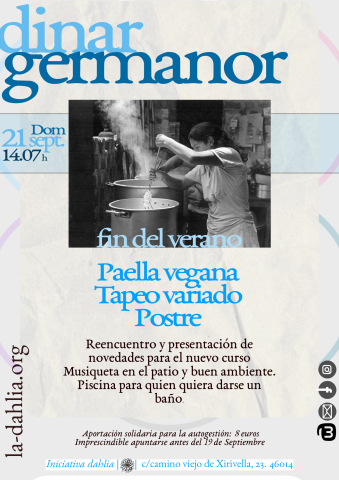 Cartel con imagen central en blanco y negro de una persona removiendo una olla gigante en una cocina con más ollas al fuego con el texto de la actividad en letras azules de diferentes tonos describiendo la actividad sobre un fondo arrugado gris con algunos círculos de colores en los laterales