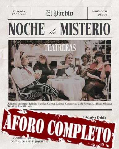 portada del periódico "el pueblo" de 1930 con una foto de las actrices tomando algo en un cafe de época, con el nobre de las actrices a pie de foto. con la marca aforo completo en rojo