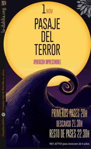 una luna gigante amarilla sobre la que se convova al pasaje del terror del 1 de noviembre sobre un fondo oscuro de morados y negros, desde el suelo se levanta una especie de colina que se curva como un tentáculo en los tonos del cartel. el logo de la dahlia asoma en la esquina superior derecha en transpariencia y en la esqina inferior aparecen los horarios