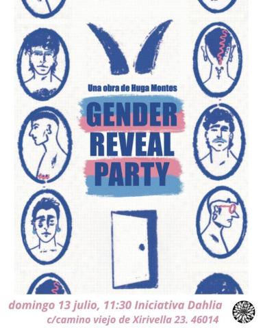 Cartel en azul sobre blanco con una puerta que se abre en la parte inferior. En el centro la bandera trans con unos cuernos encima. A ambos lados hay imágenes de espejos con reflejos de caras de personas dibujados a lápiz en dos líneas paralelas verticales
